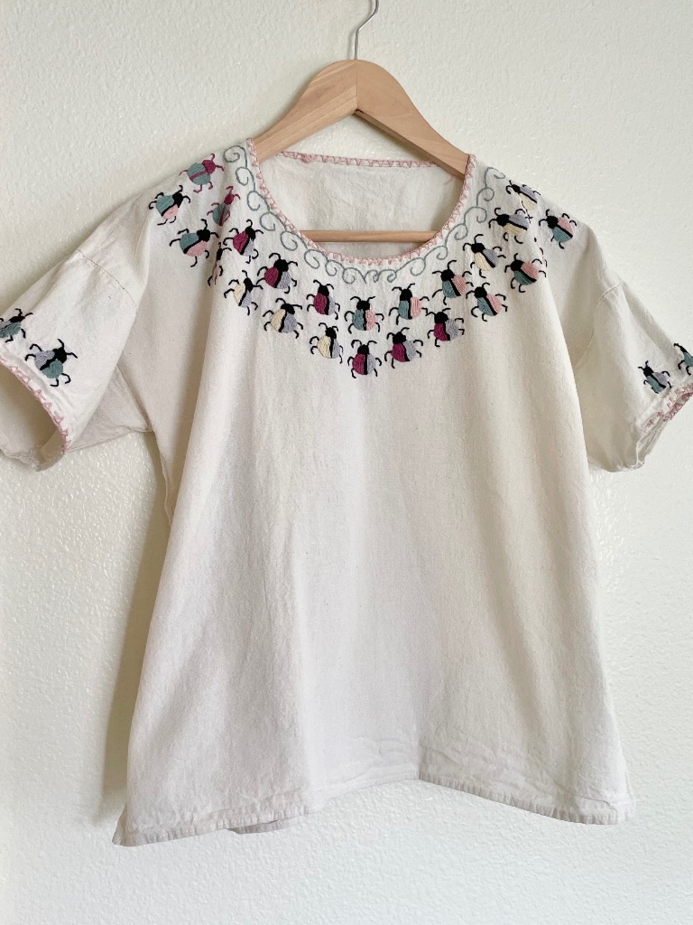 Vintage Hand Embroidered Ladybug Cotton Blouse Boho Top